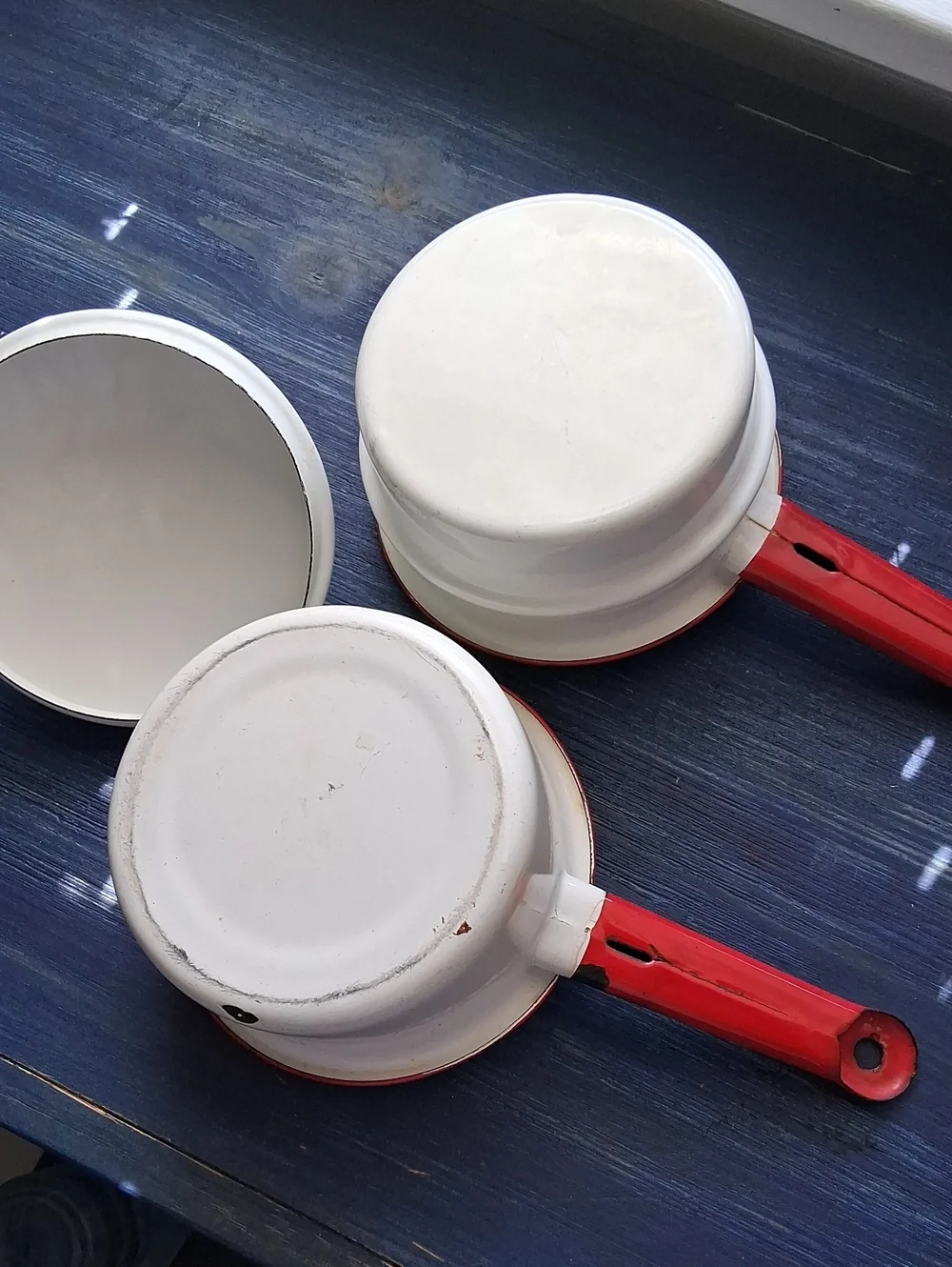 Vintage White Enamel Double Boiler with Red Trim and Handles